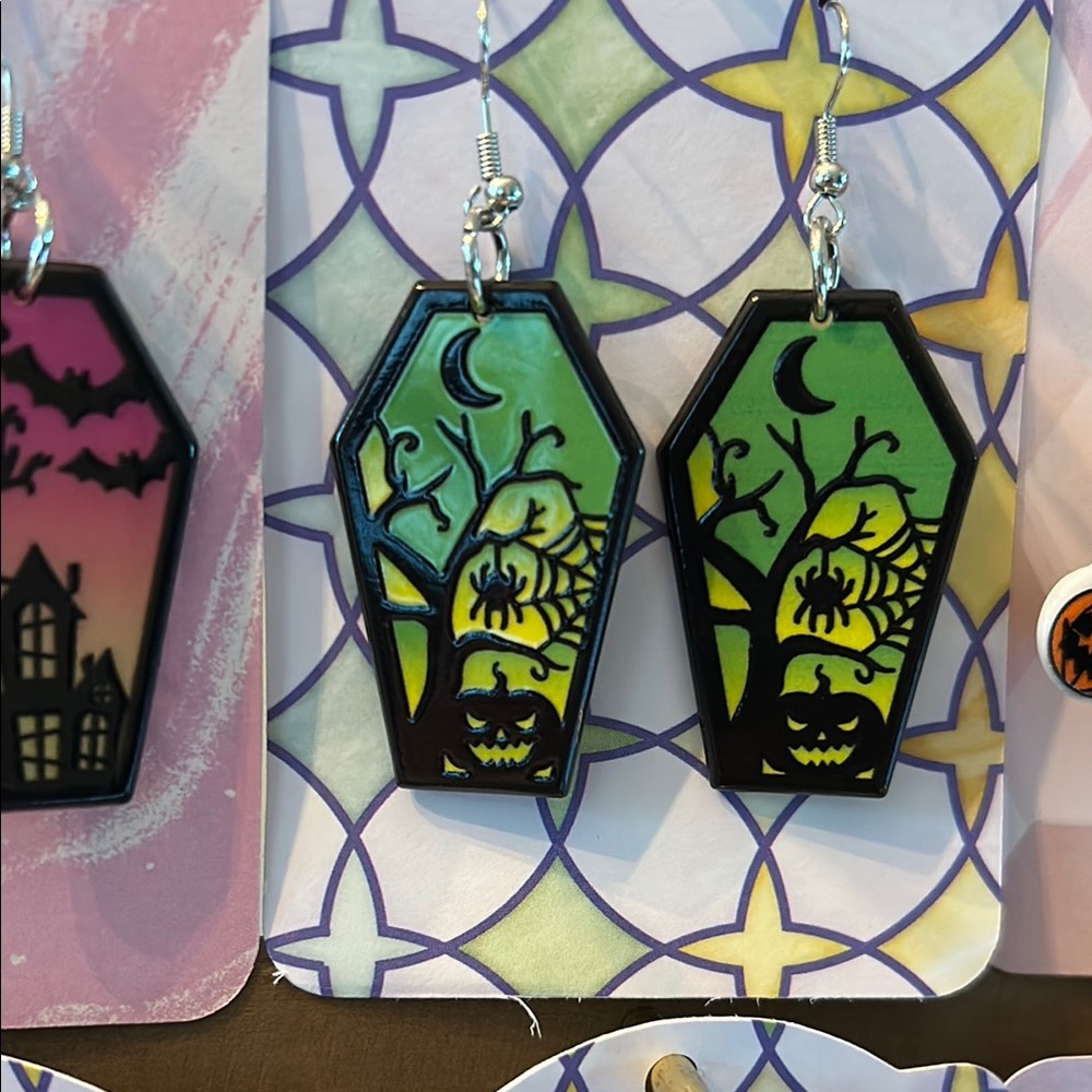 Green Coffin Earrings with Spider and Moon Design